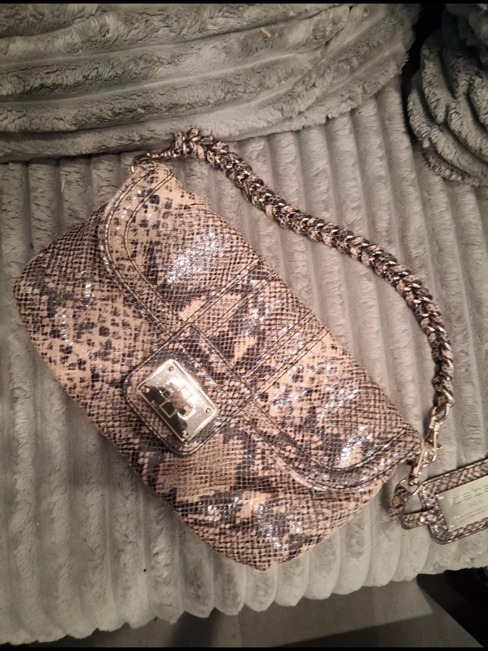 Snake-Print Chain Shoulder Bag in Beige Bebe